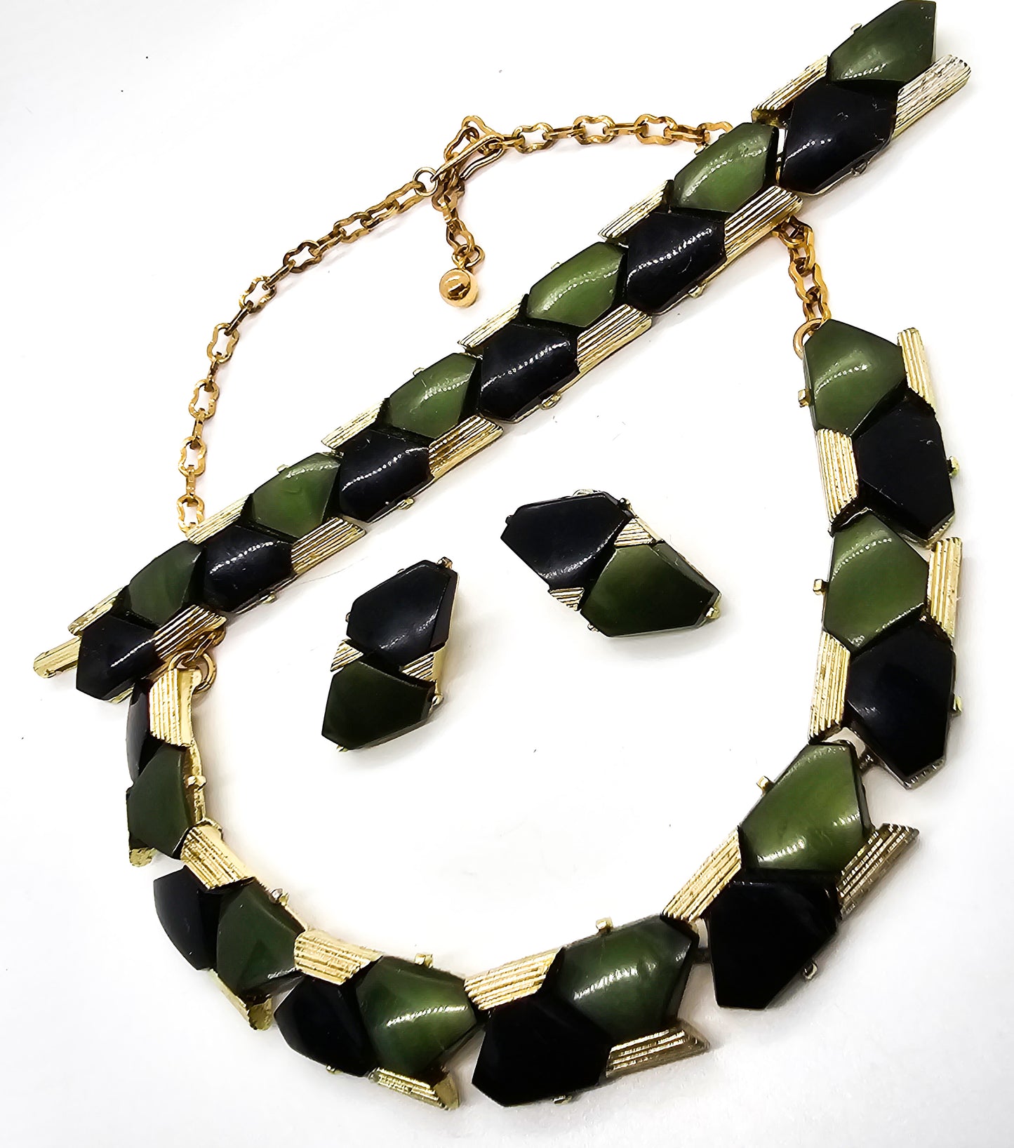 Black and green Lucite gold toned mid century vintage demi parure set