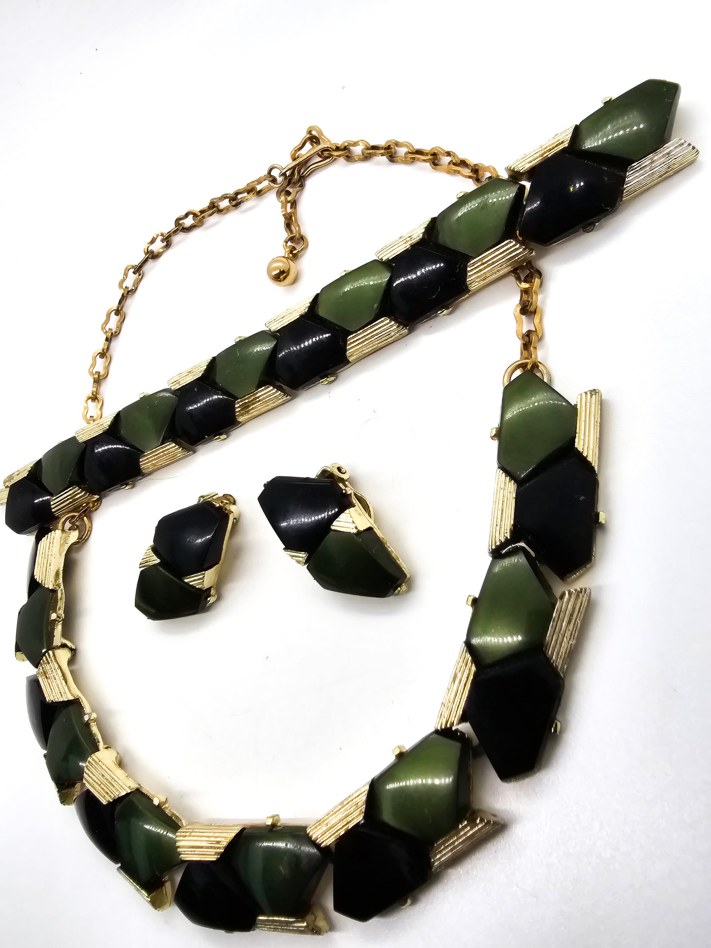 Black and green Lucite gold toned mid century vintage demi parure set