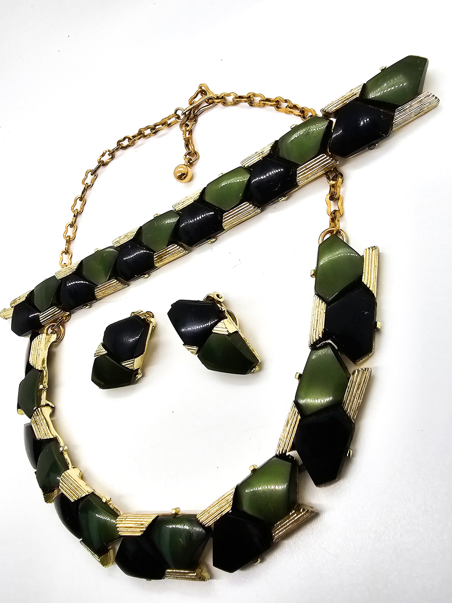Black and green Lucite gold toned mid century vintage demi parure set