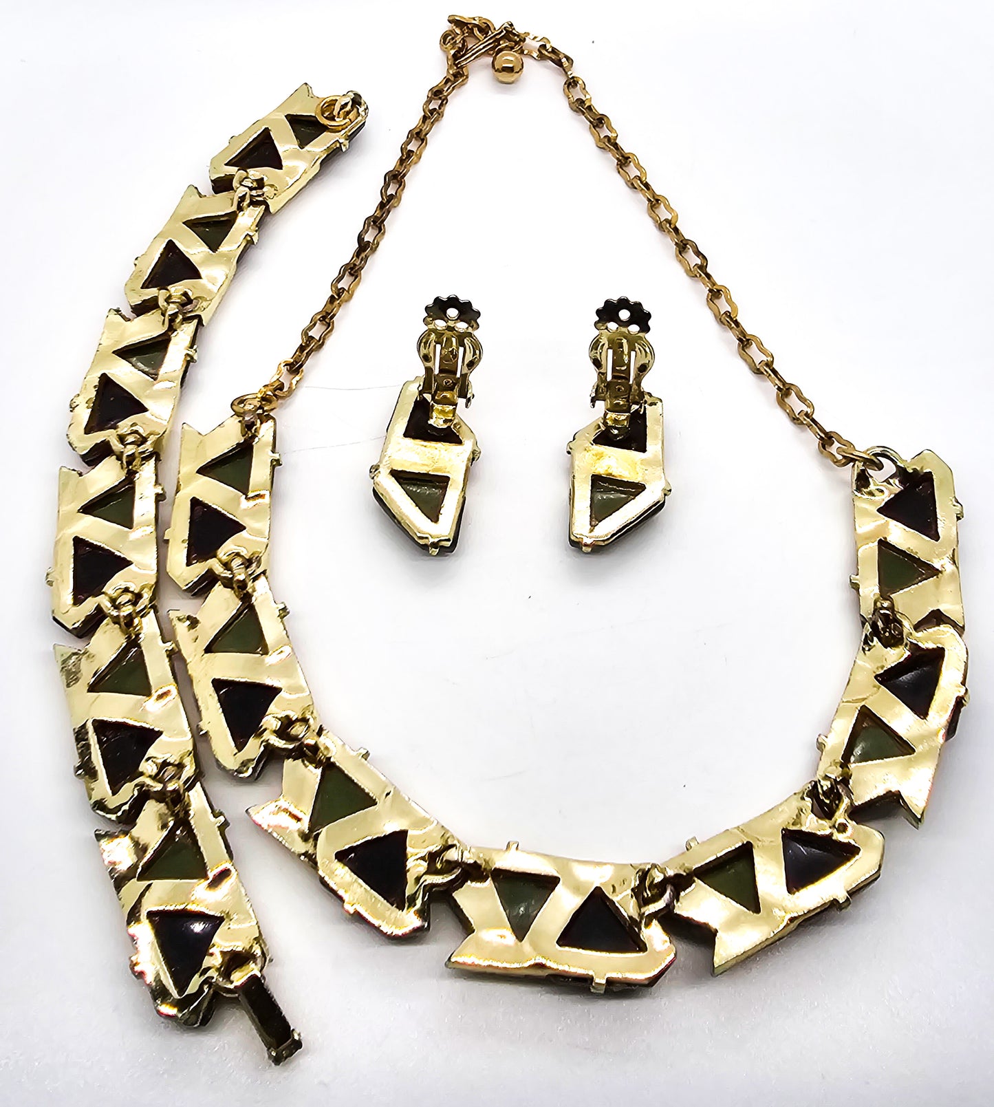 Black and green Lucite gold toned mid century vintage demi parure set