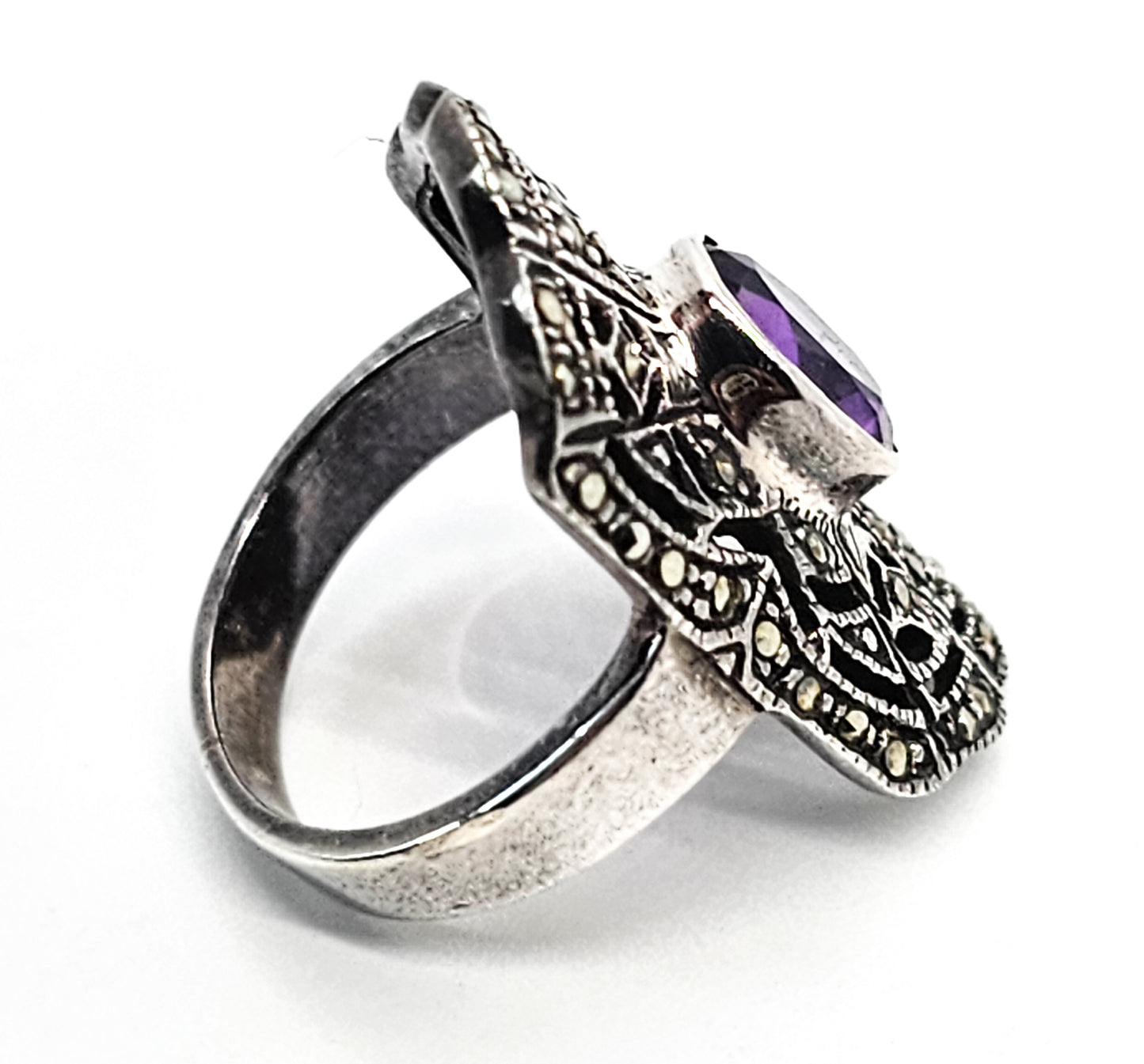MC Amethyst and Marcasite open work sterling silver ring size 6.5