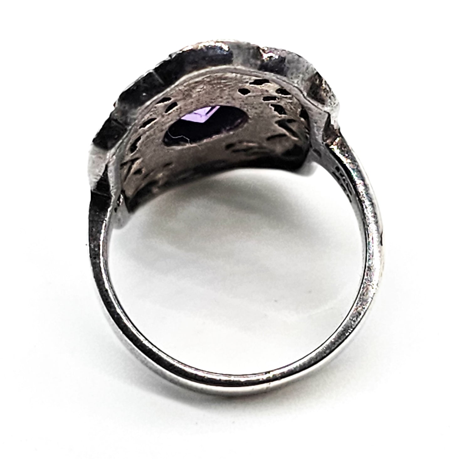 MC Amethyst and Marcasite open work sterling silver ring size 6.5