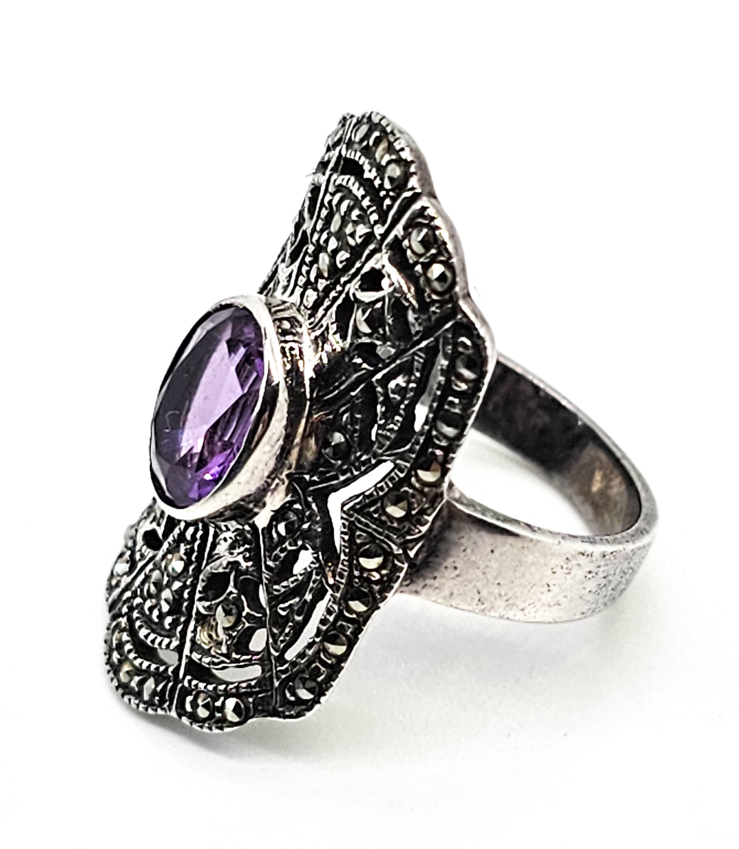 MC Amethyst and Marcasite open work sterling silver ring size 6.5