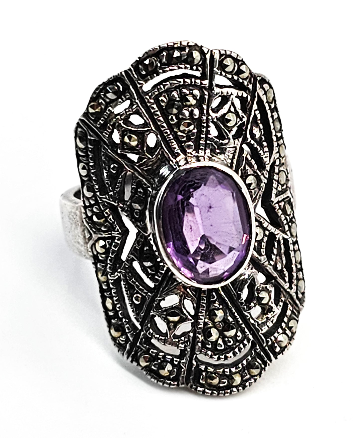 MC Amethyst and Marcasite open work sterling silver ring size 6.5