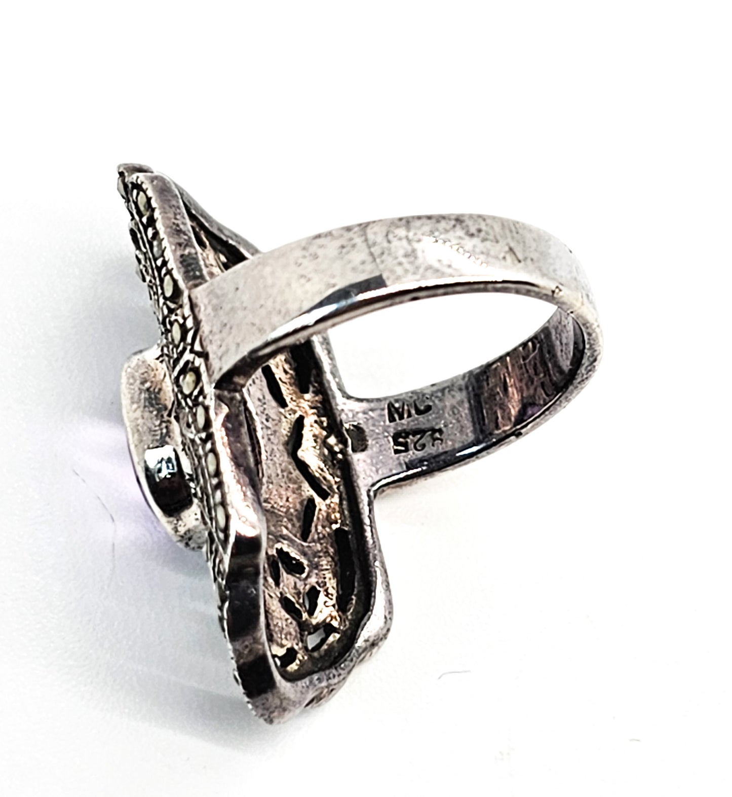 MC Amethyst and Marcasite open work sterling silver ring size 6.5
