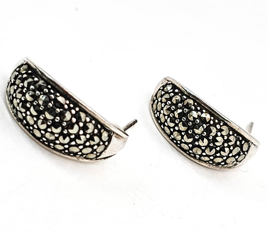 Marcasite crescent moon thick sterling silver vintage hoop huggie earrings