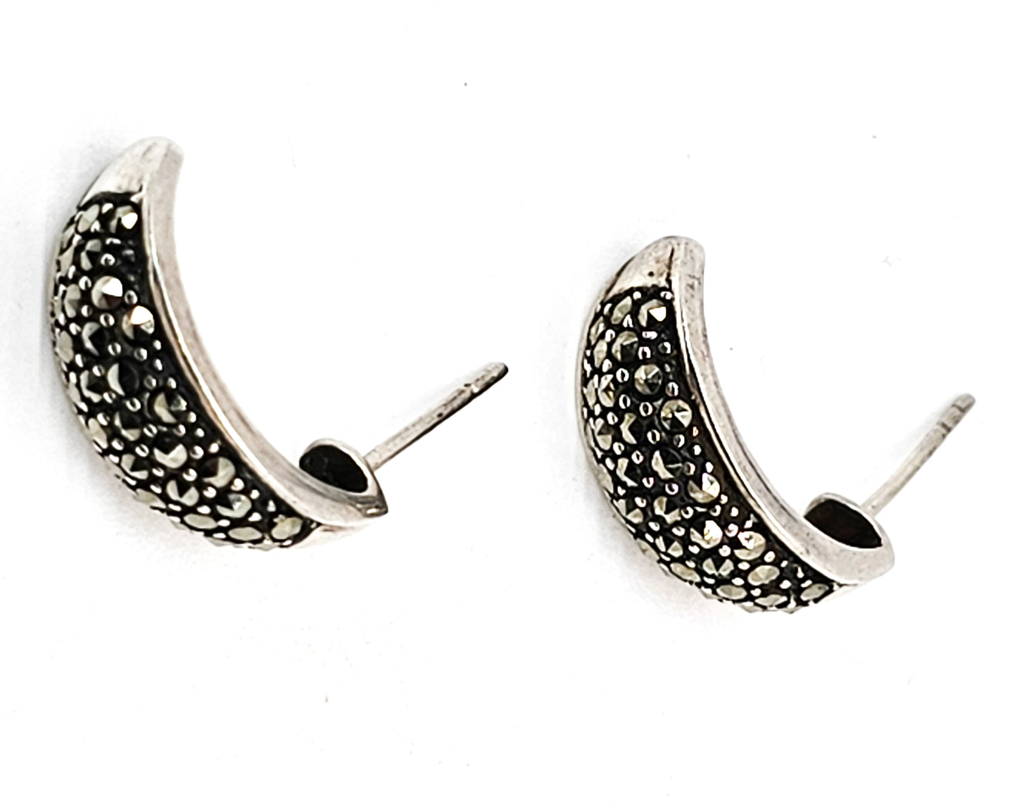 Marcasite crescent moon thick sterling silver vintage hoop huggie earrings