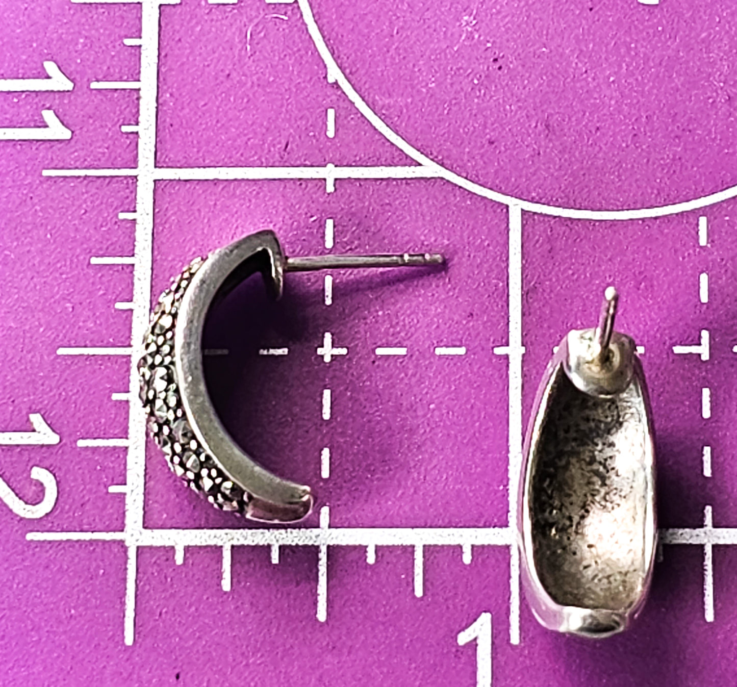 Marcasite crescent moon thick sterling silver vintage hoop huggie earrings