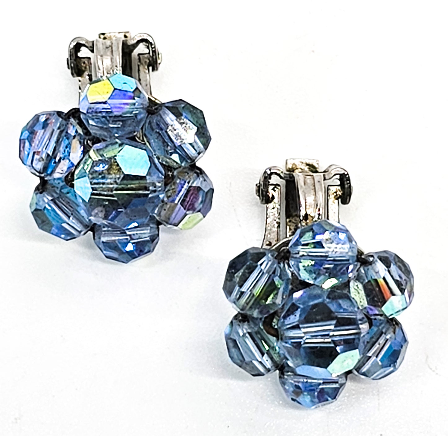 Blue Austrian Crystal Aurora Borealis Beaded vintage clip on earrings