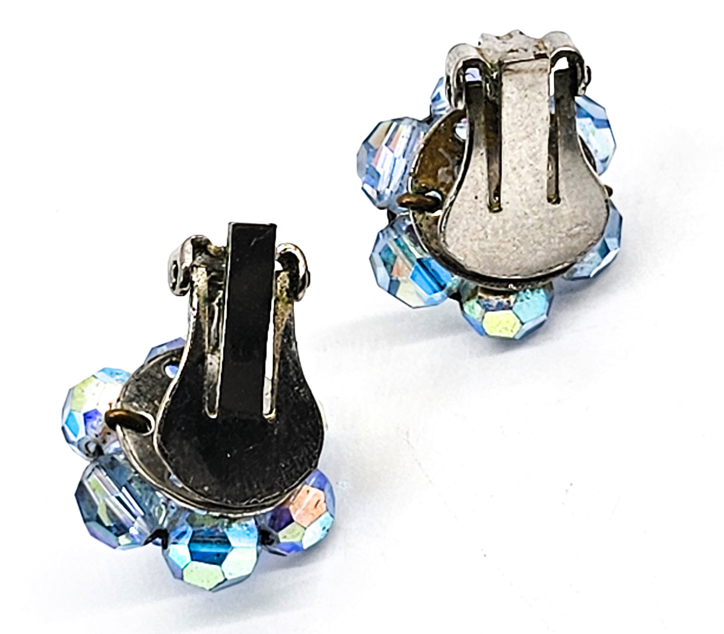 Blue Austrian Crystal Aurora Borealis Beaded vintage clip on earrings