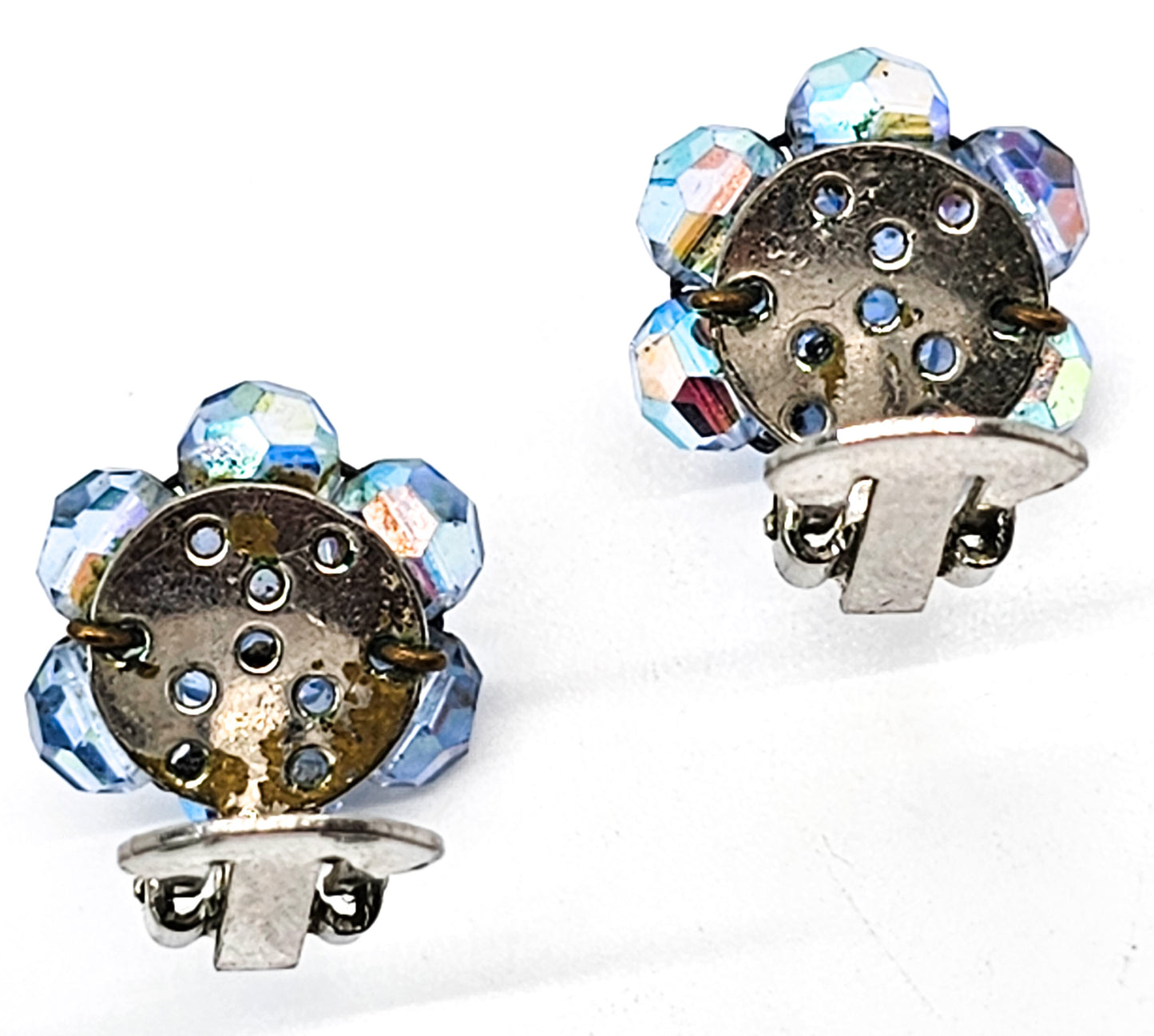 Blue Austrian Crystal Aurora Borealis Beaded vintage clip on earrings