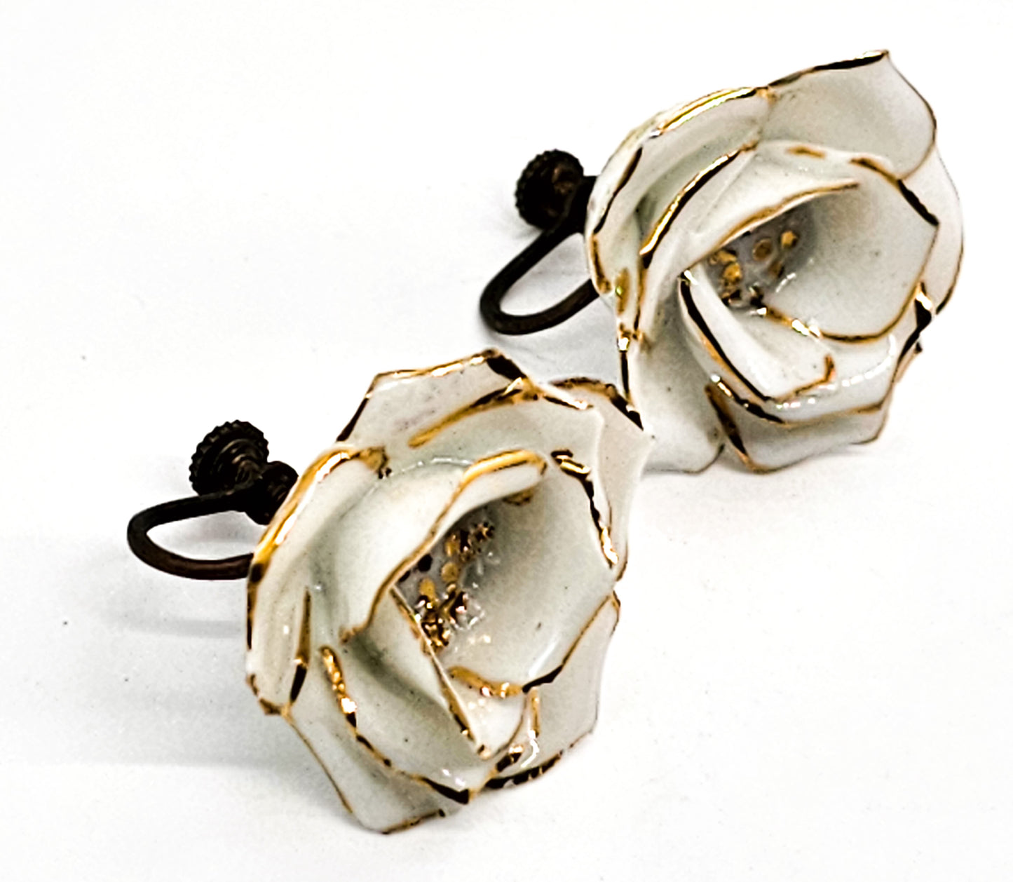 24kt gold rimmed antique white china rose screw back earrings