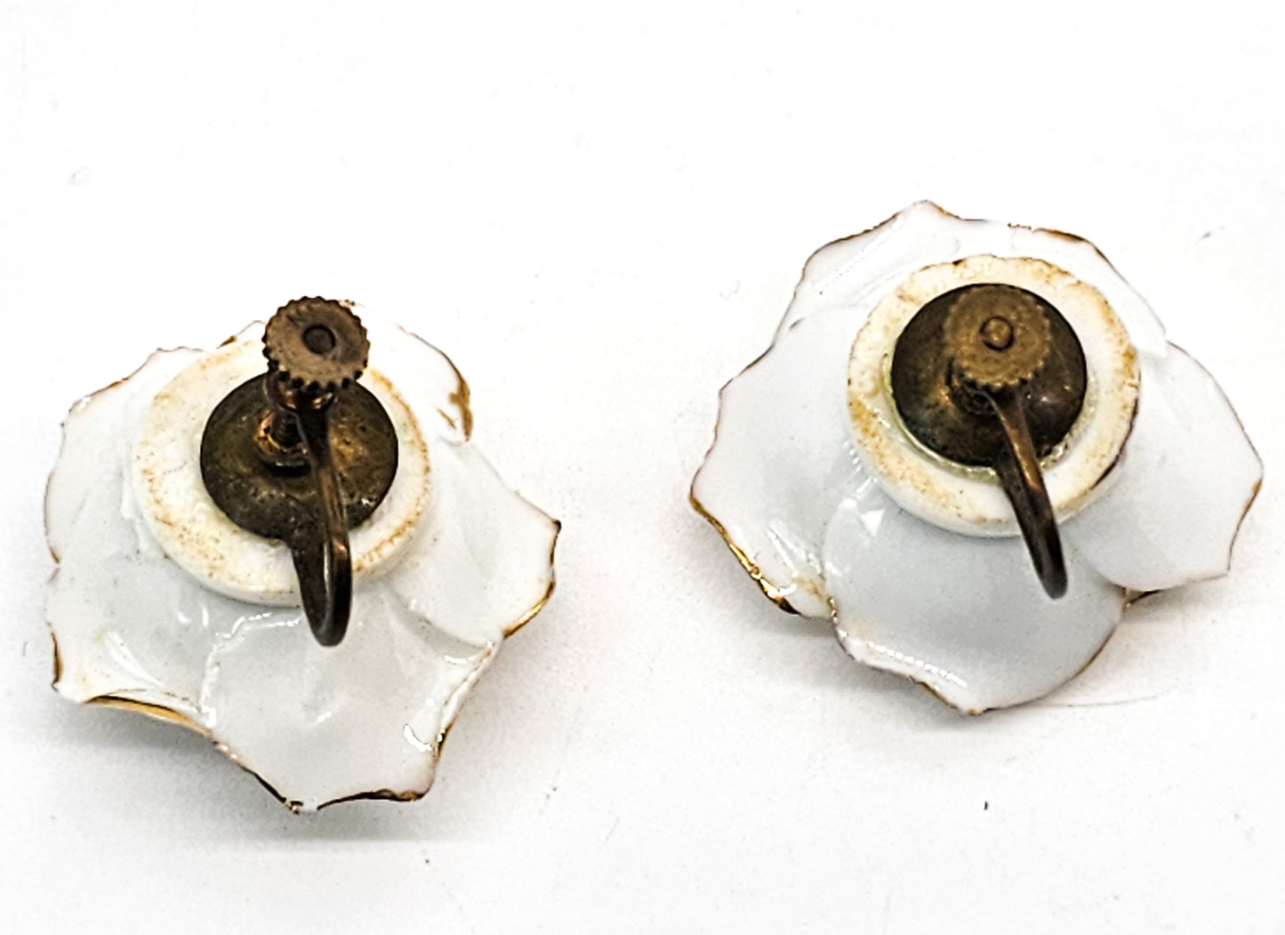 24kt gold rimmed antique white china rose screw back earrings