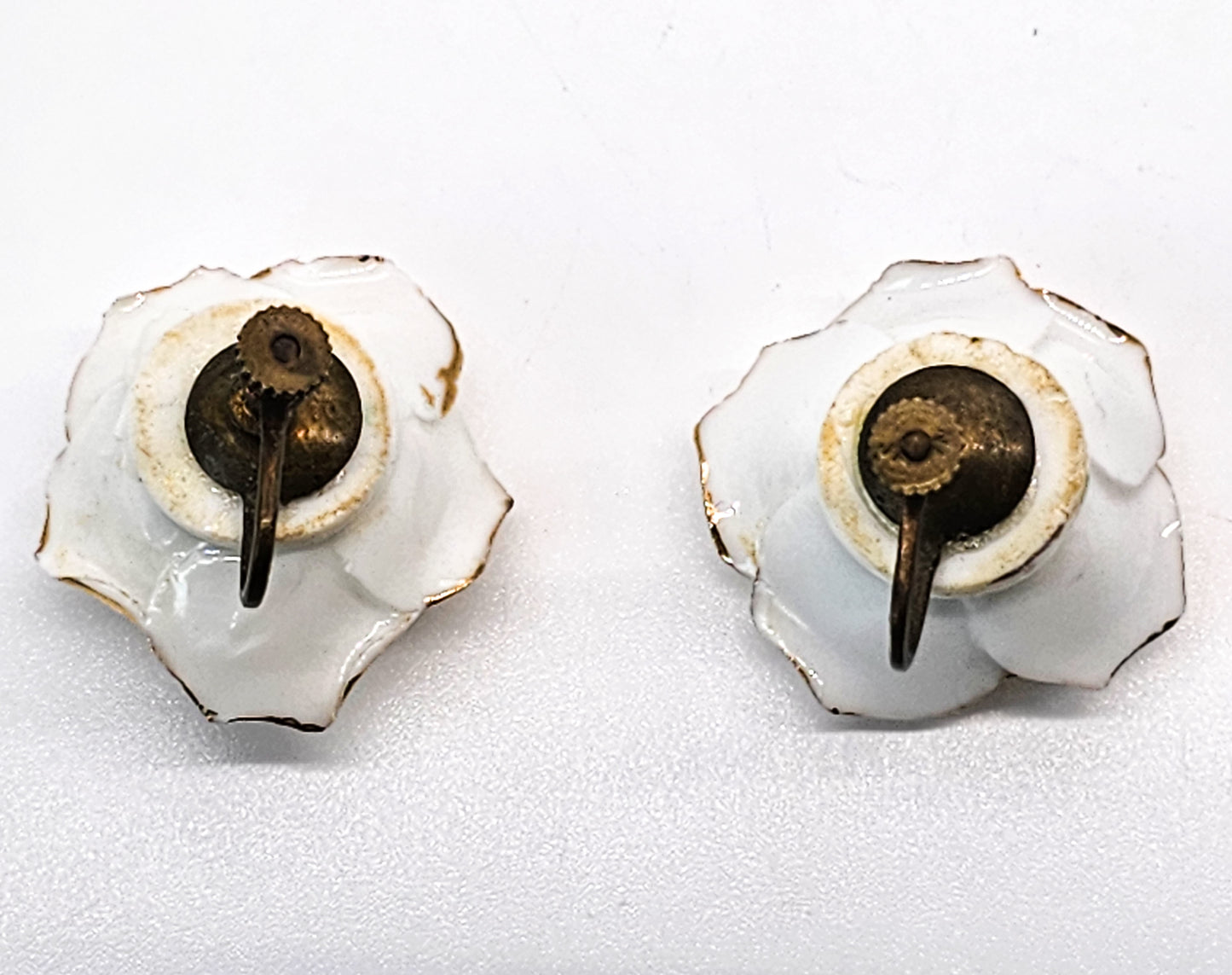 24kt gold rimmed antique white china rose screw back earrings