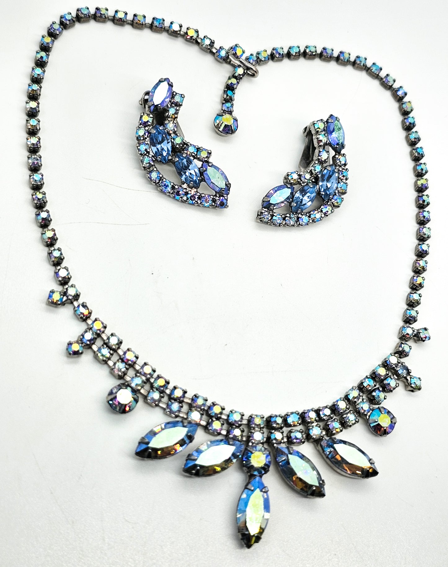 Blue marquis aurora borealis rhinestone necklace and earrings demi parure set