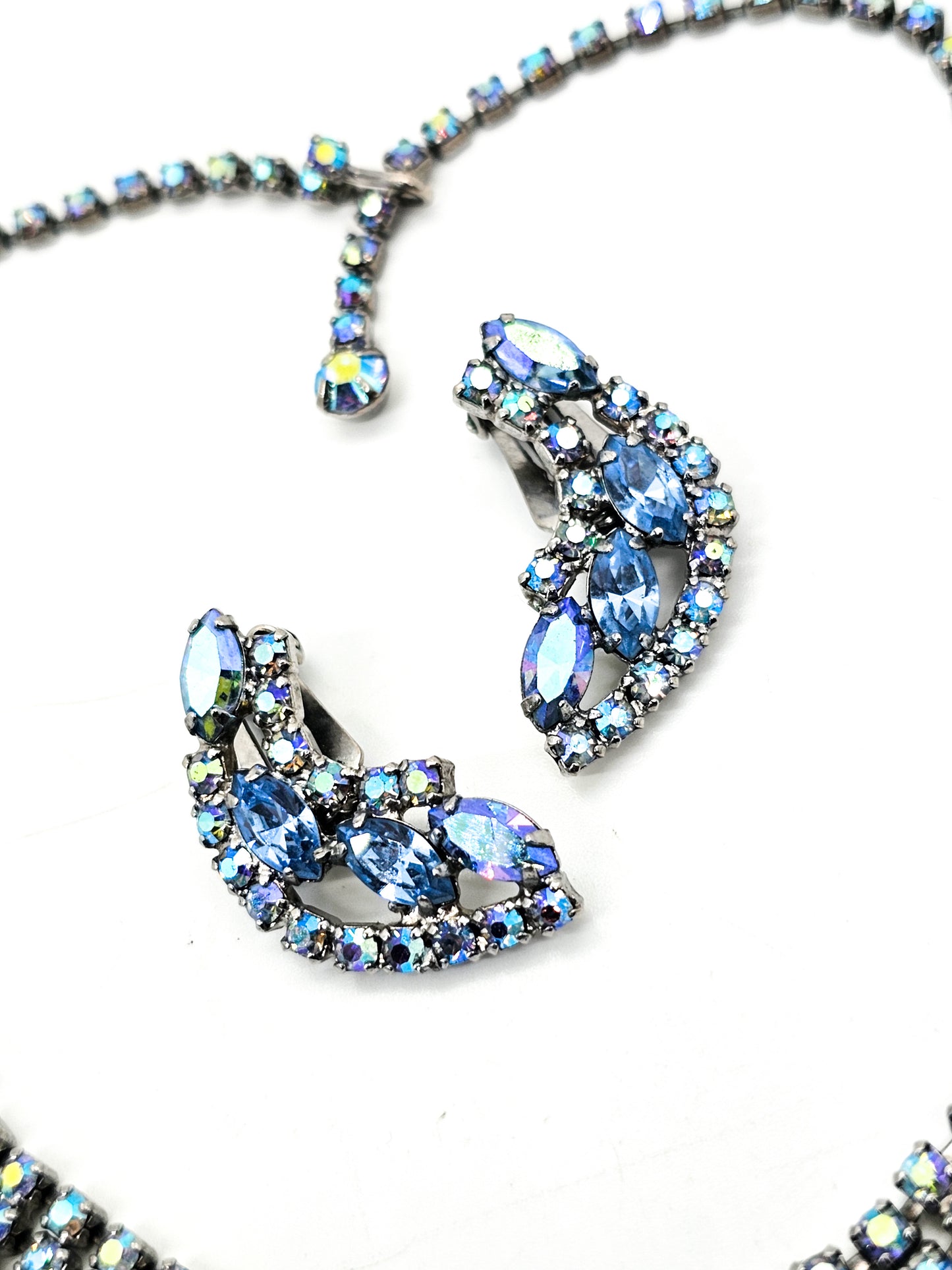 Blue marquis aurora borealis rhinestone necklace and earrings demi parure set
