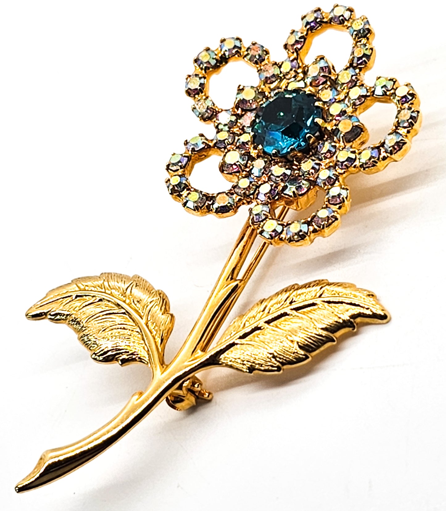 Aqua blue gold toned aurora borealis vintage daisy flower rhinestone brooch