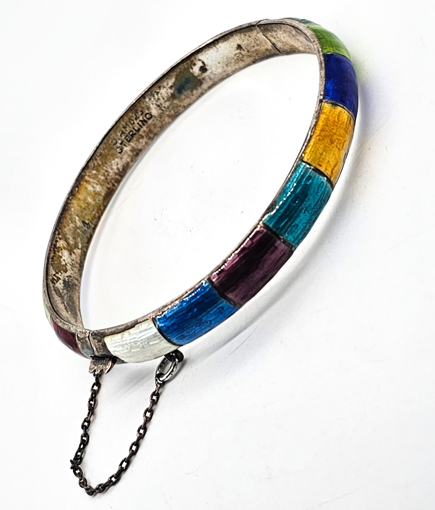 Siam Guilloche Rainbow enamel vintage sterling silver cuff bangle bracelet