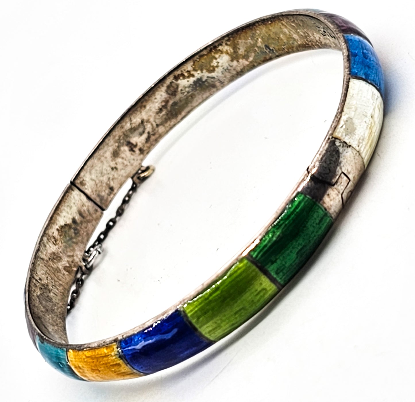 Siam Guilloche Rainbow enamel vintage sterling silver cuff bangle bracelet