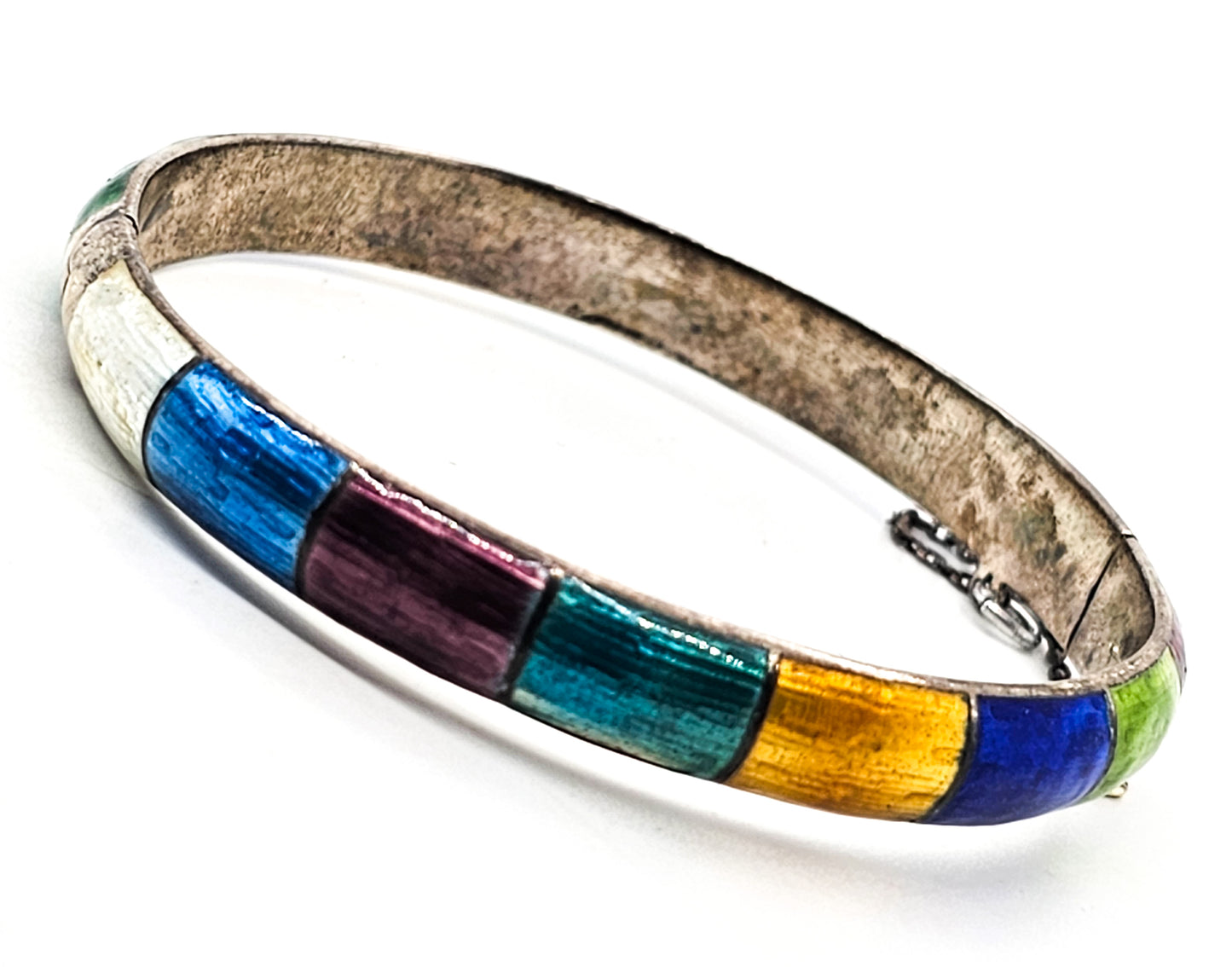 Siam Guilloche Rainbow enamel vintage sterling silver cuff bangle bracelet