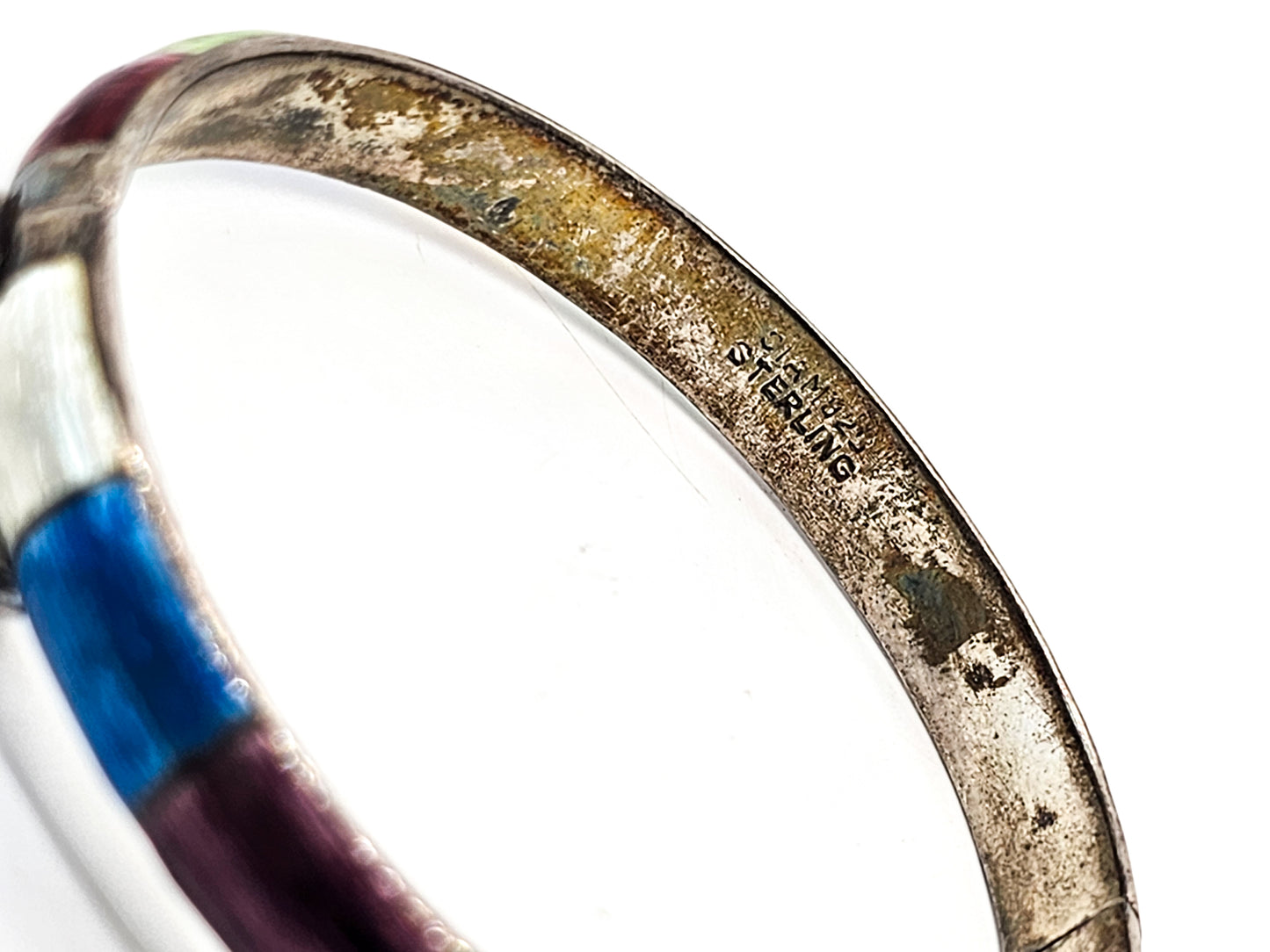 Siam Guilloche Rainbow enamel vintage sterling silver cuff bangle bracelet