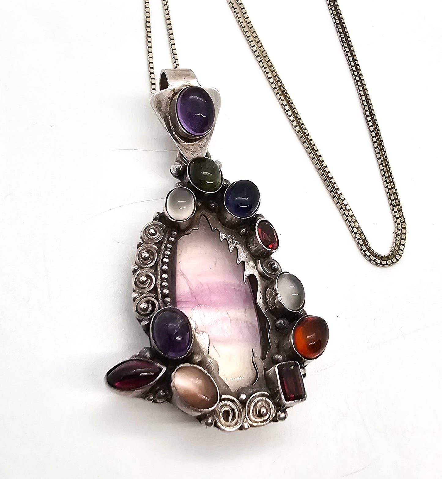 Artisan Fire Banded Fluorite multi gemstone sterling silver fire pendant necklace