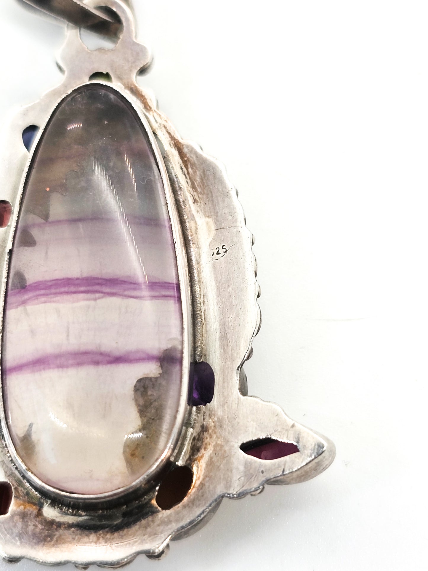 Artisan Fire Banded Fluorite multi gemstone sterling silver fire pendant necklace