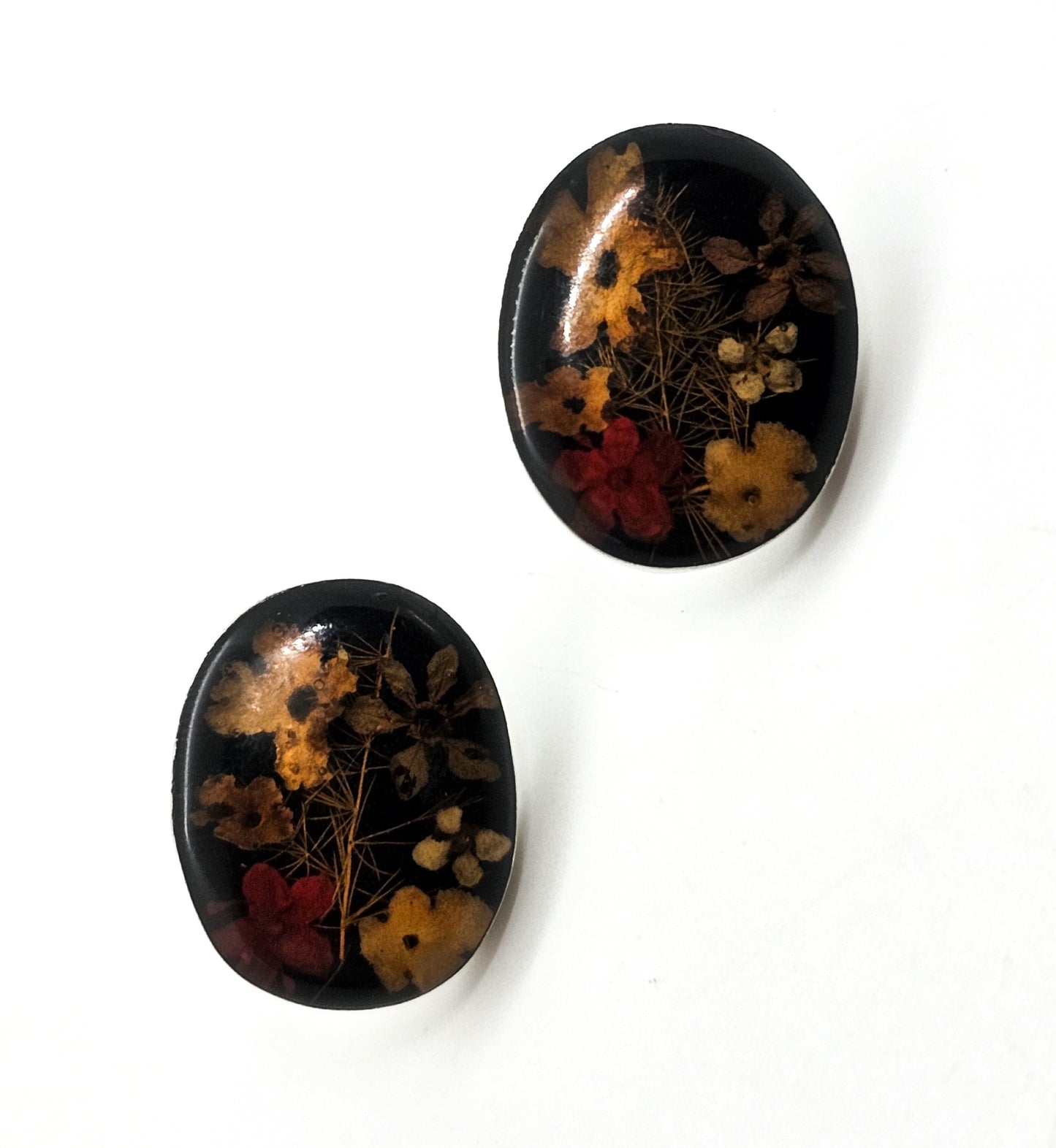 Dried flowers in resin vintage large sterling silver button stud earrings BOHO