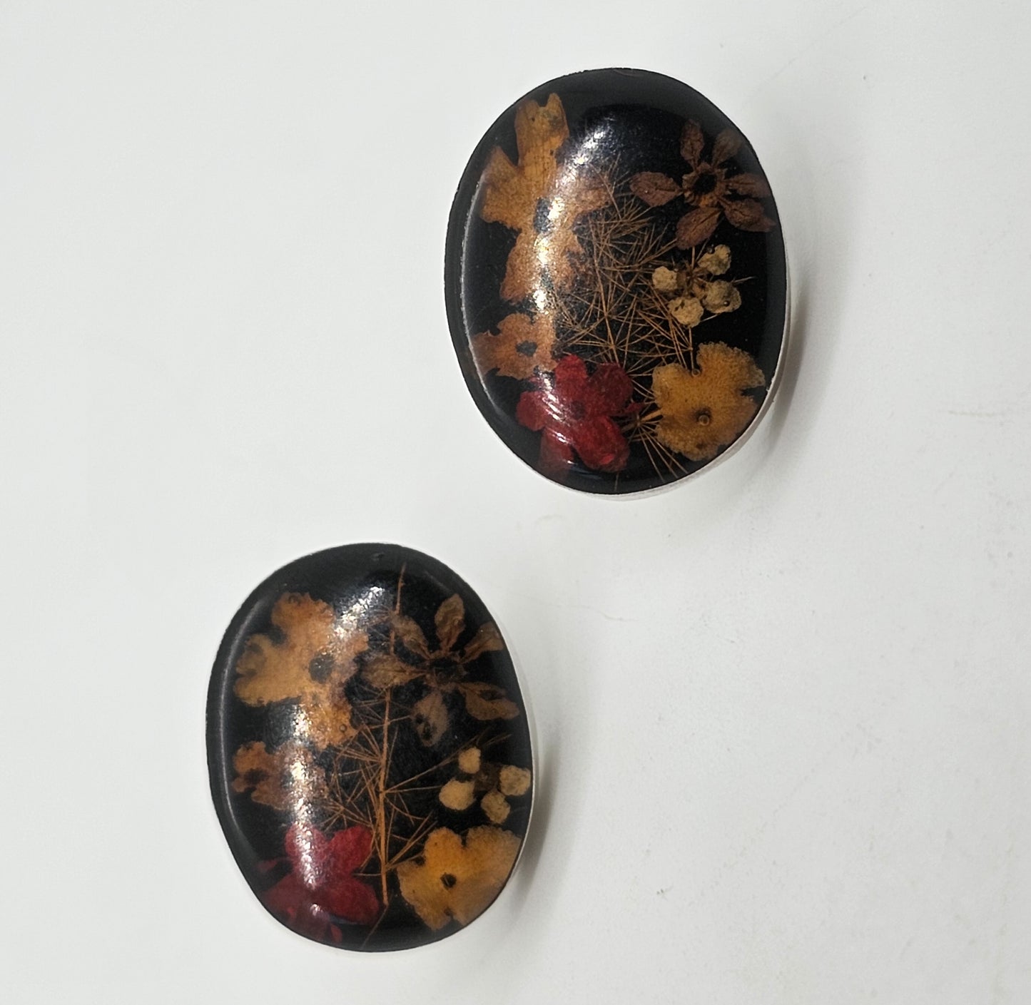 Dried flowers in resin vintage large sterling silver button stud earrings BOHO