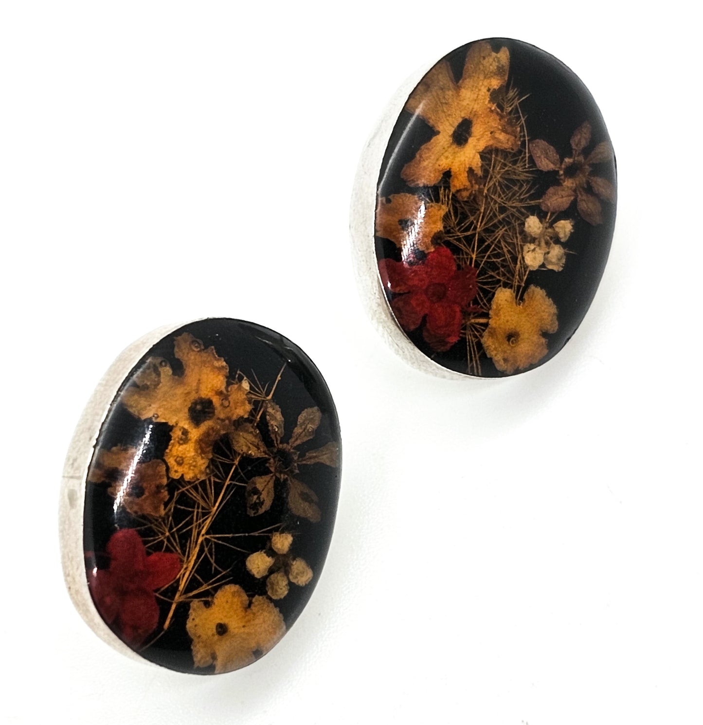 Dried flowers in resin vintage large sterling silver button stud earrings BOHO