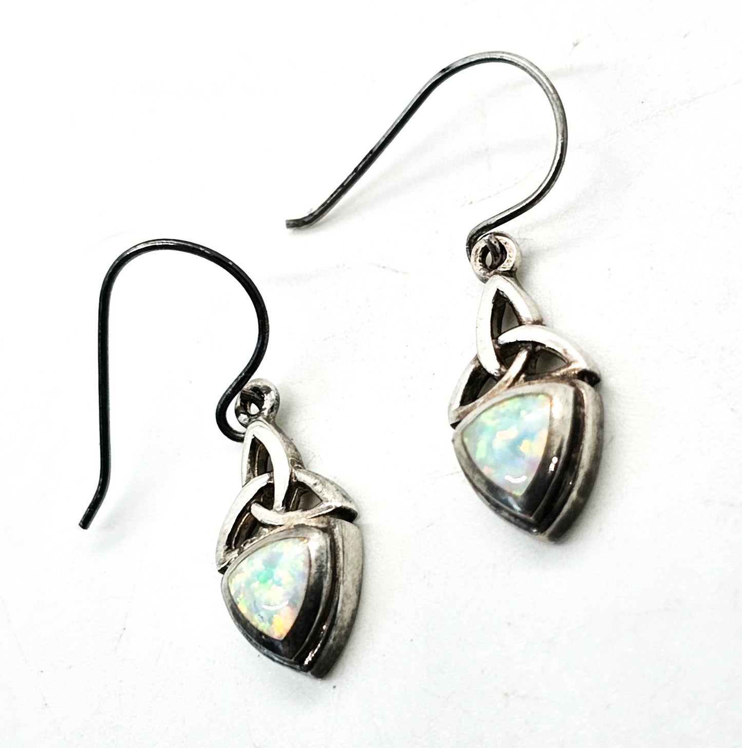 White Fire opal Trinity knot Celtic sterling silver drop earrings