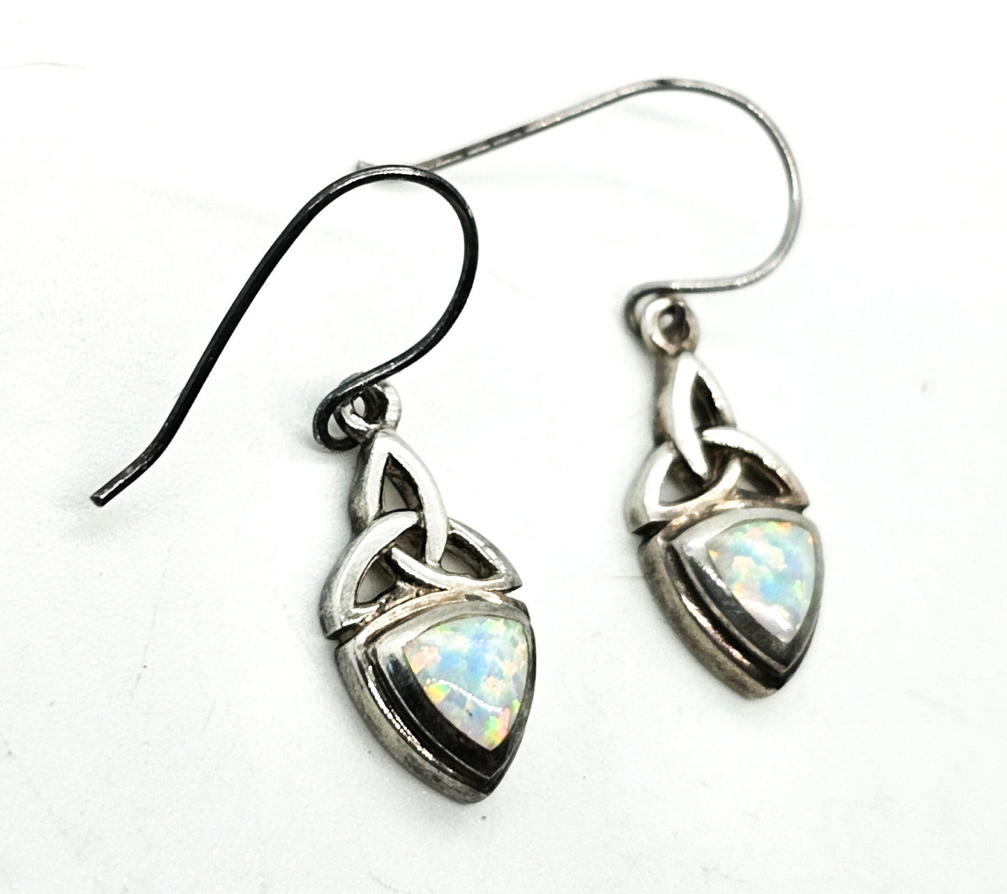 White Fire opal Trinity knot Celtic sterling silver drop earrings