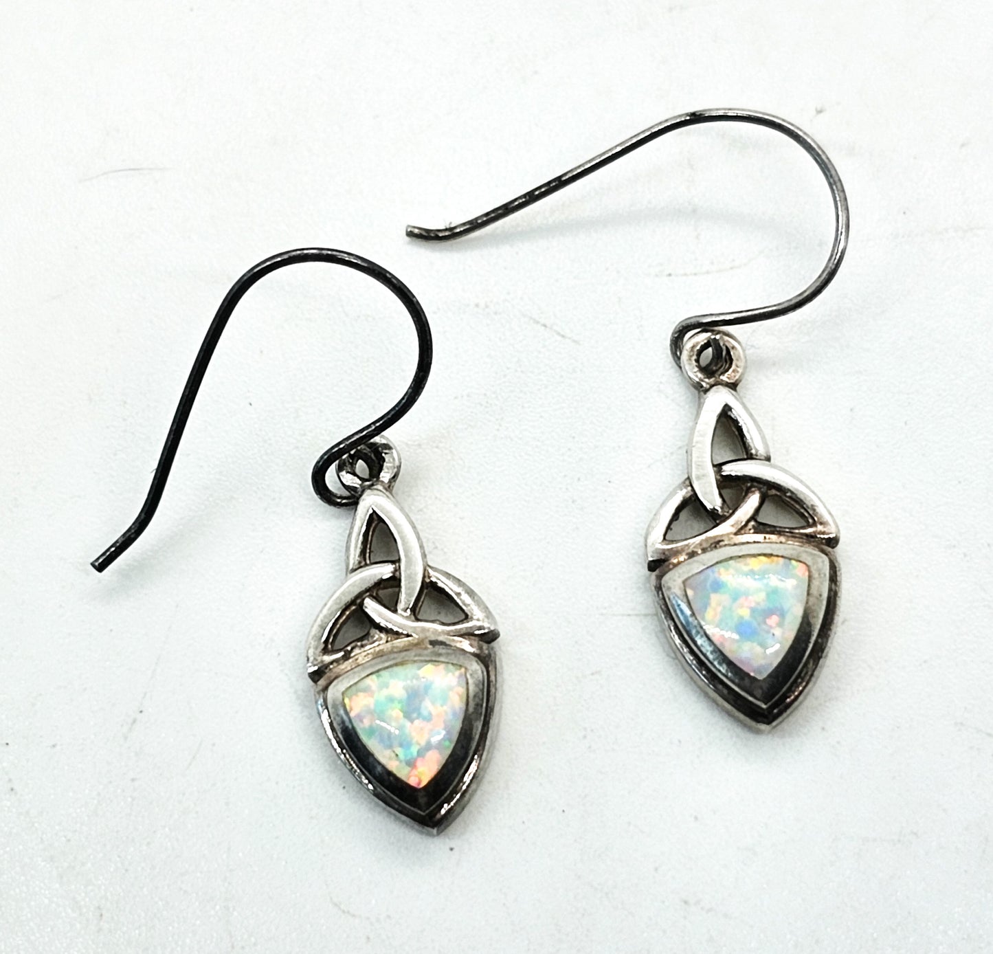 White Fire opal Trinity knot Celtic sterling silver drop earrings