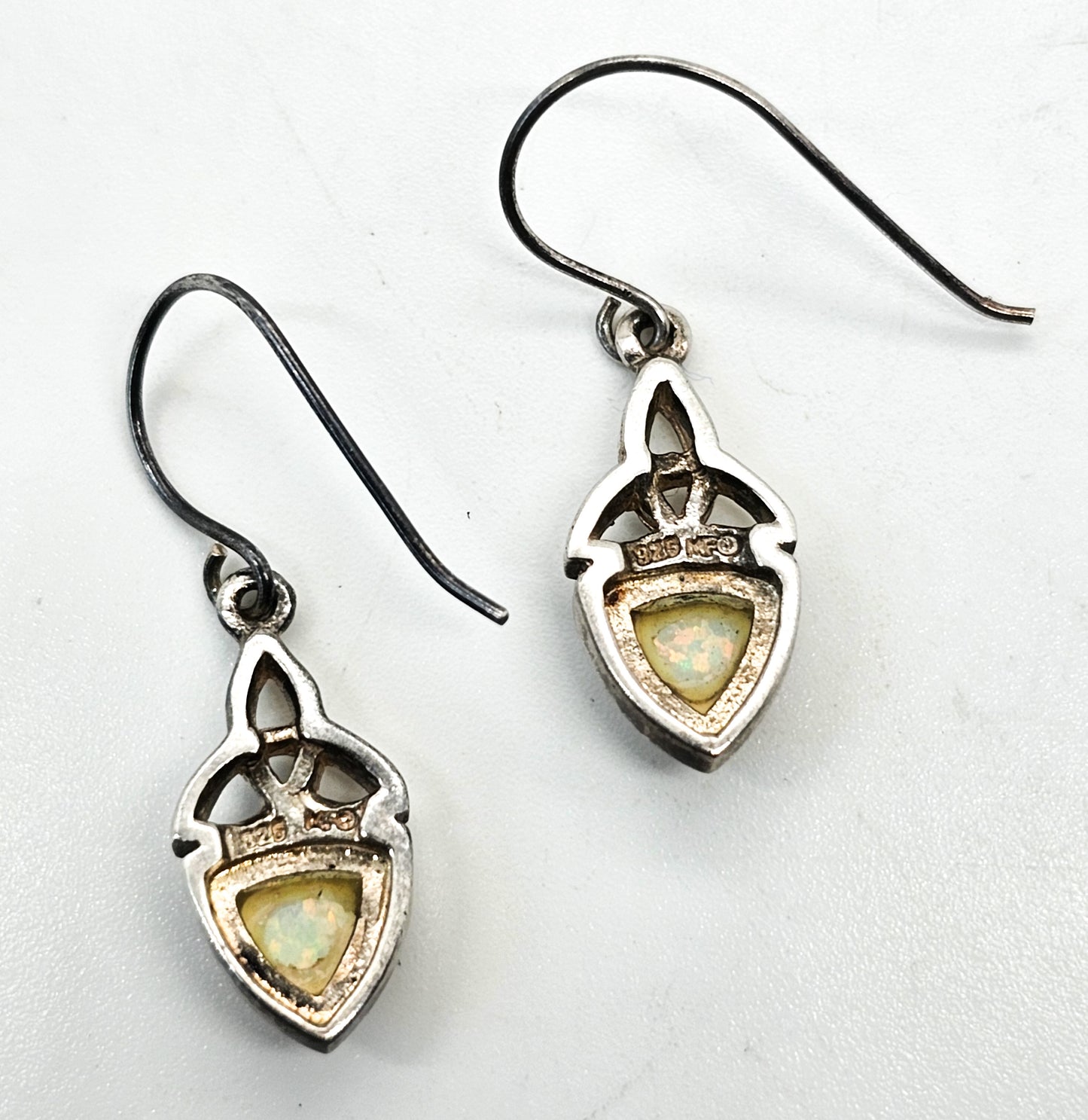 White Fire opal Trinity knot Celtic sterling silver drop earrings