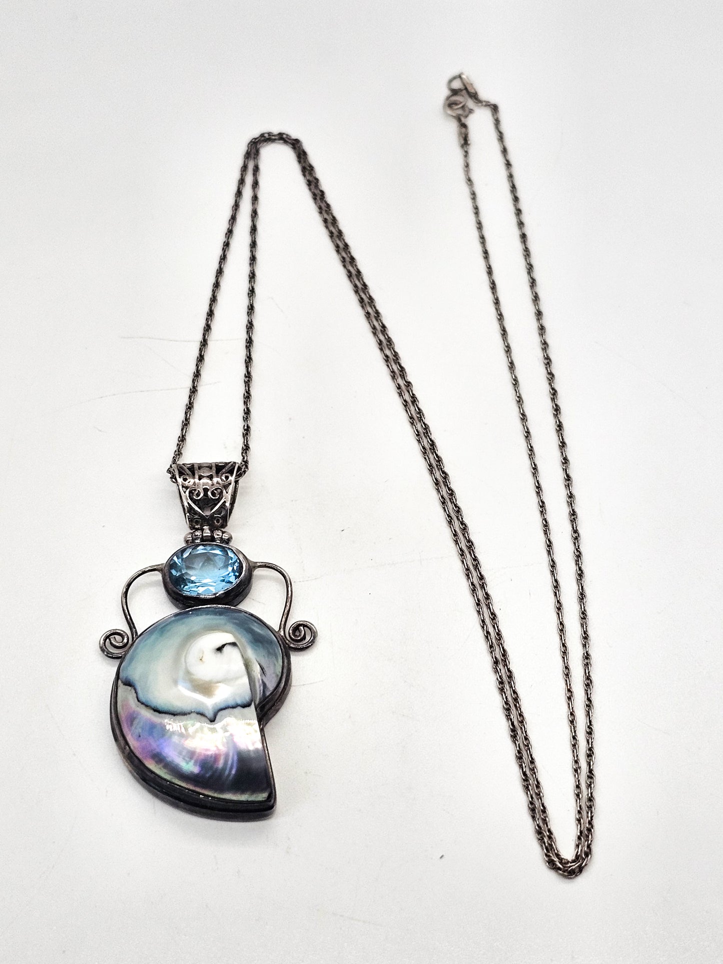 Mermaid treasure Blue topaz and opalescent shell sterling silver pendant necklace
