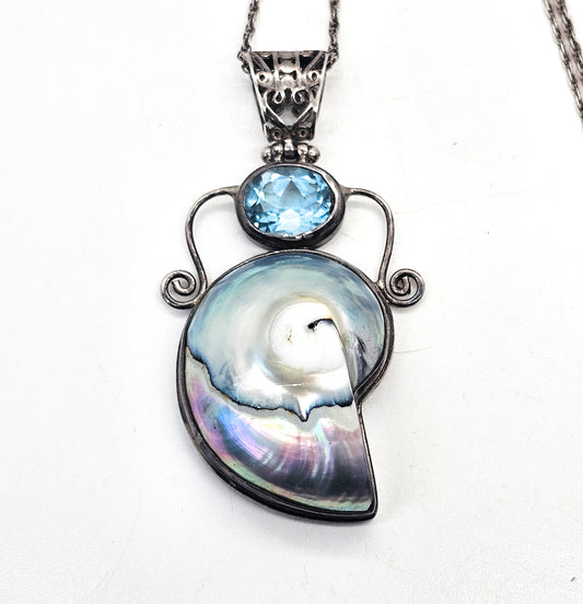 Mermaid treasure Blue topaz and opalescent shell sterling silver pendant necklace