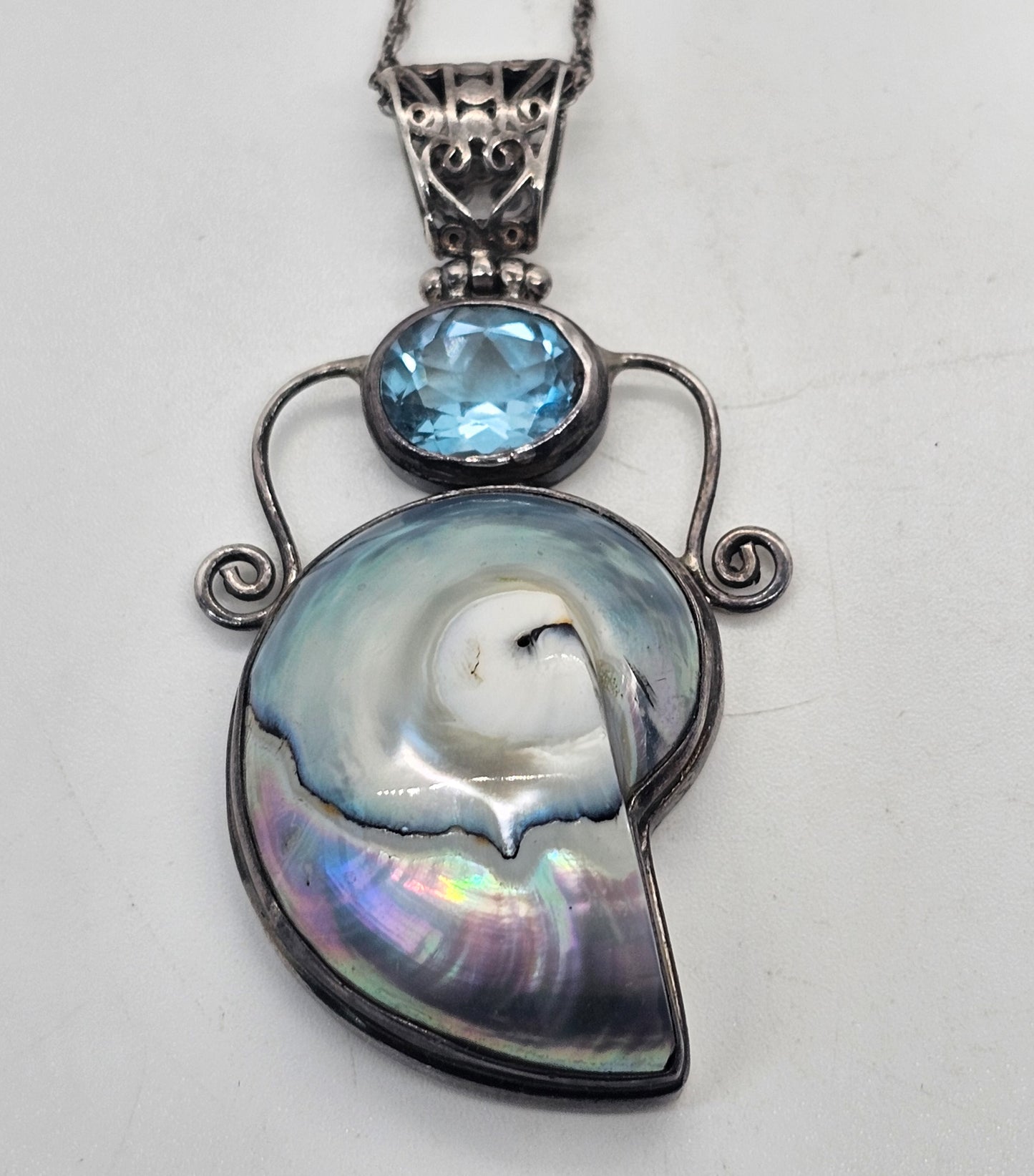 Mermaid treasure Blue topaz and opalescent shell sterling silver pendant necklace