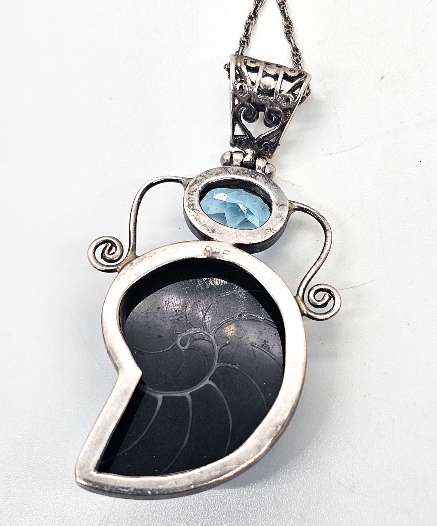 Mermaid treasure Blue topaz and opalescent shell sterling silver pendant necklace