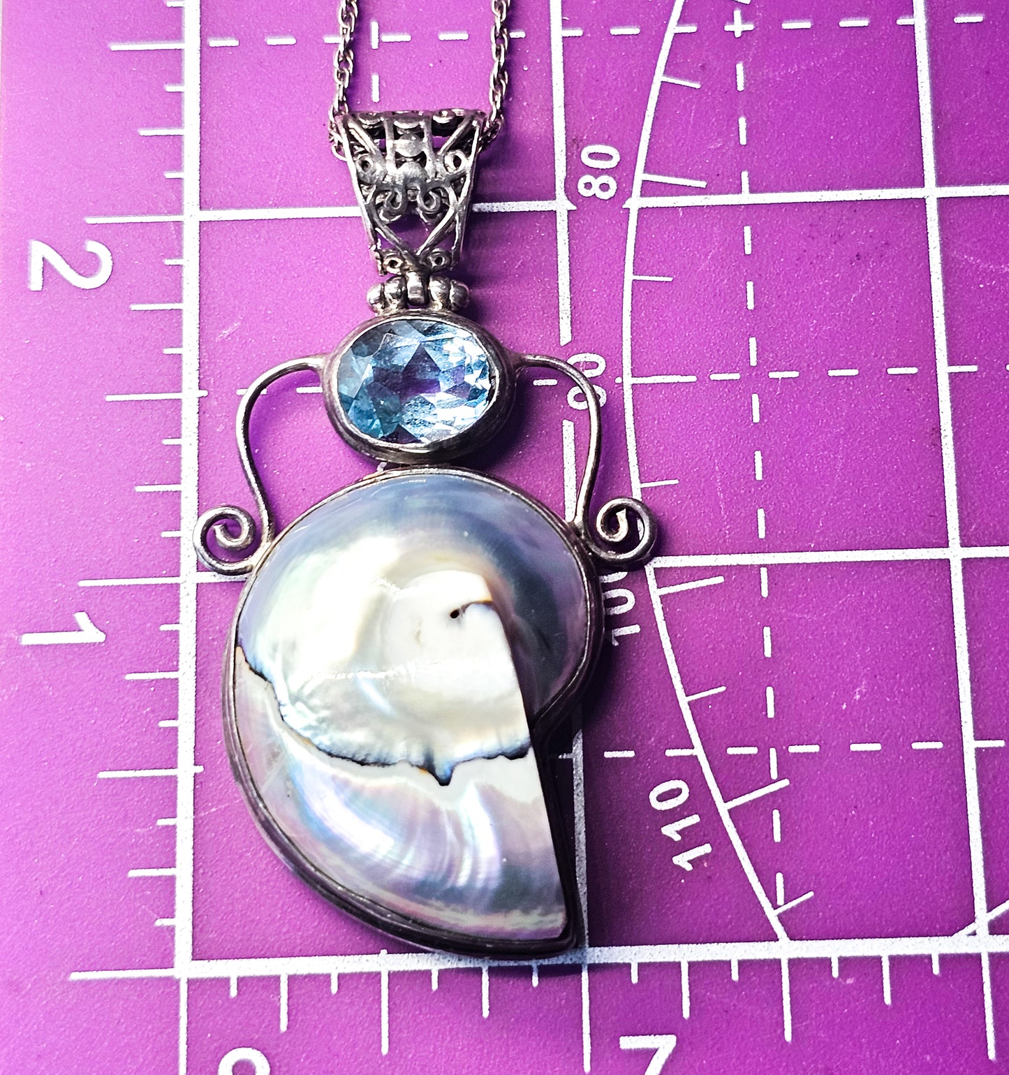 Mermaid treasure Blue topaz and opalescent shell sterling silver pendant necklace