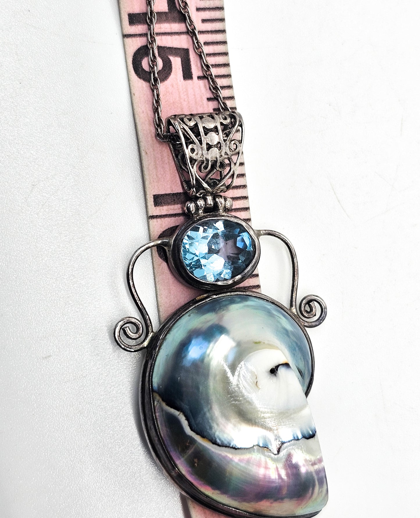 Mermaid treasure Blue topaz and opalescent shell sterling silver pendant necklace