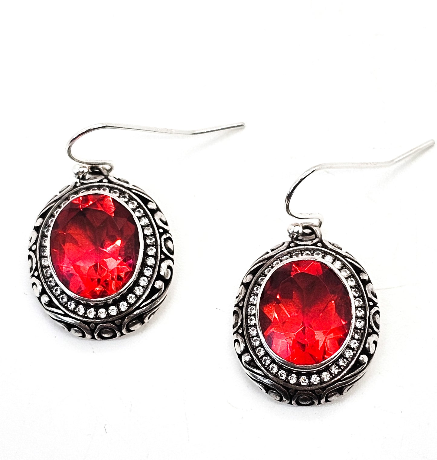 Balinese red faceted gemstone with Cubic Zirconia halo sterling silver earrings