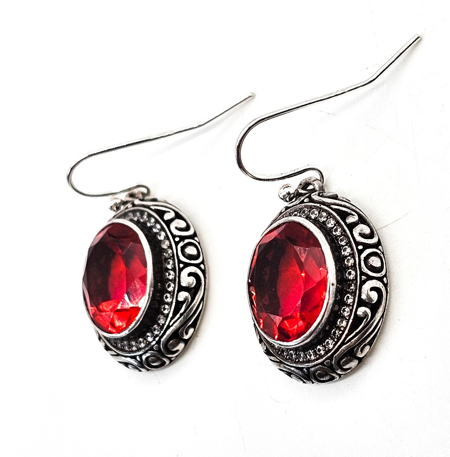 Balinese red faceted gemstone with Cubic Zirconia halo sterling silver earrings