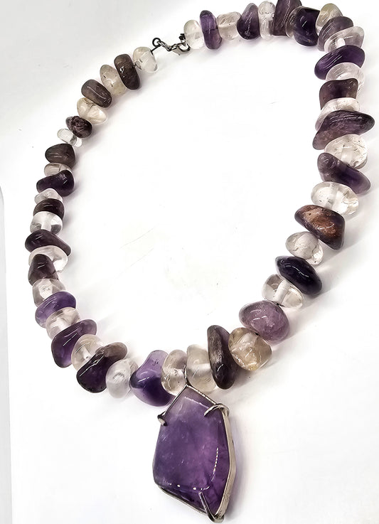 Amethyst and clear rock crystal beaded handcrafted artisan necklace