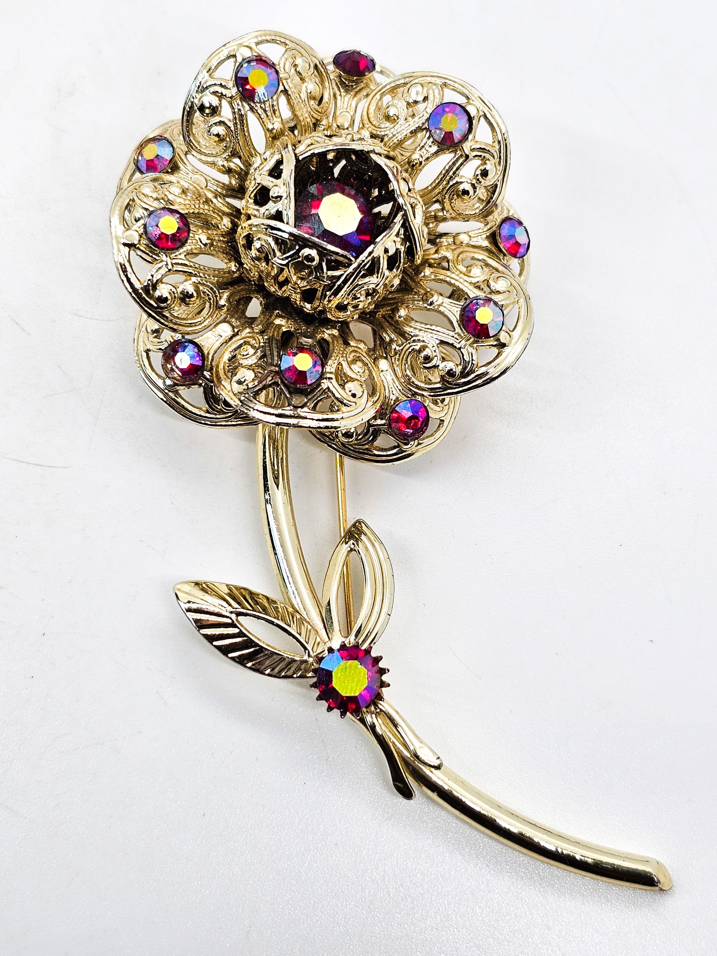 Sarah Coventry red aurora borealis vintage blooming flower brooch