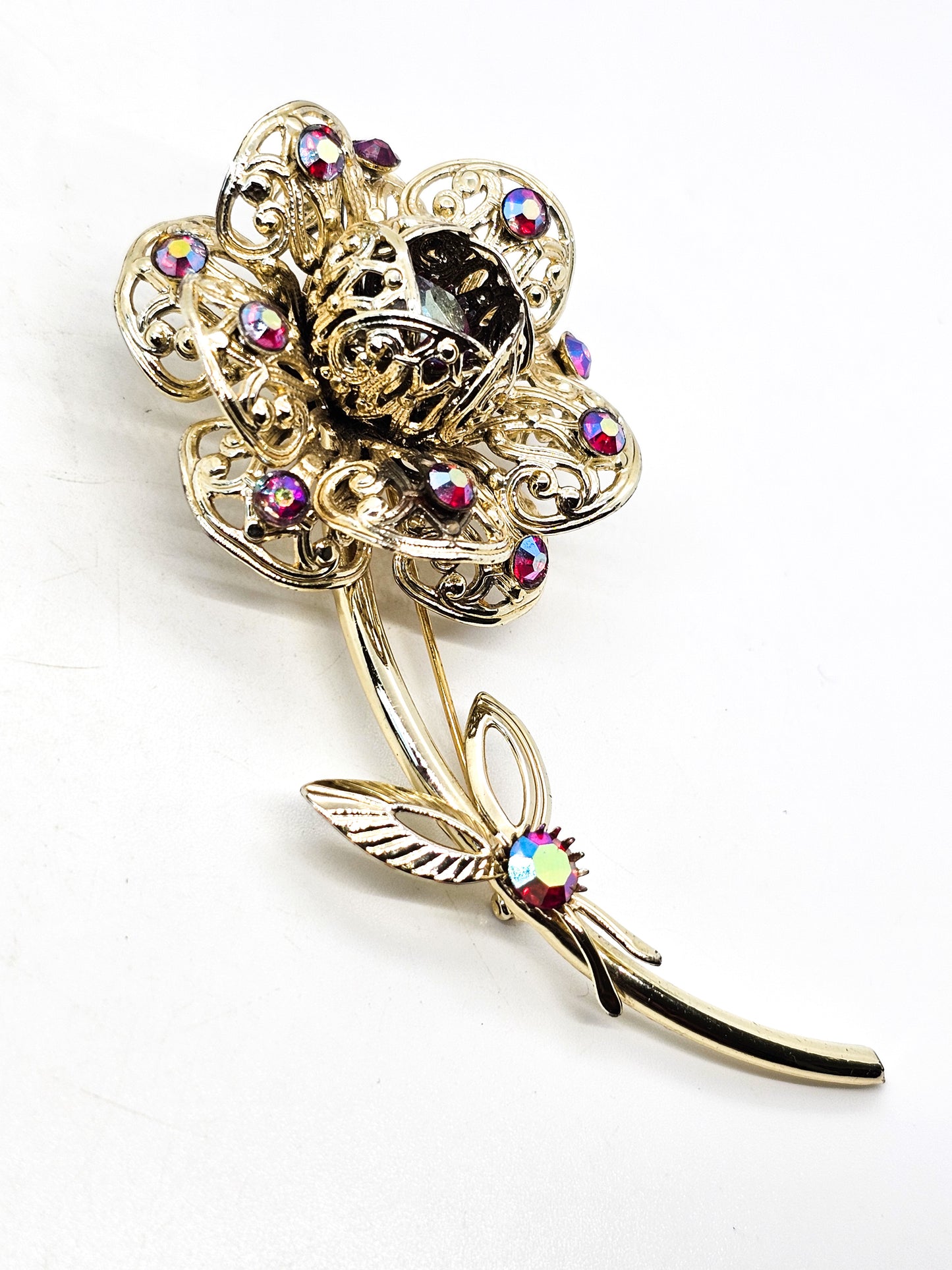 Sarah Coventry red aurora borealis vintage blooming flower brooch