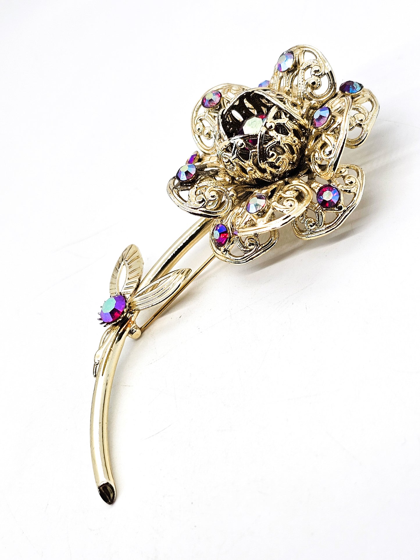 Sarah Coventry red aurora borealis vintage blooming flower brooch