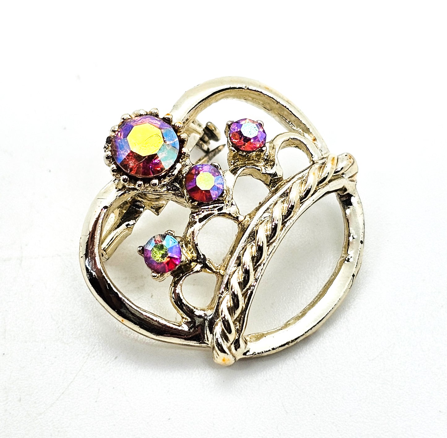 Pink Aurora Borealis gold toned vintage crown coronation brooch