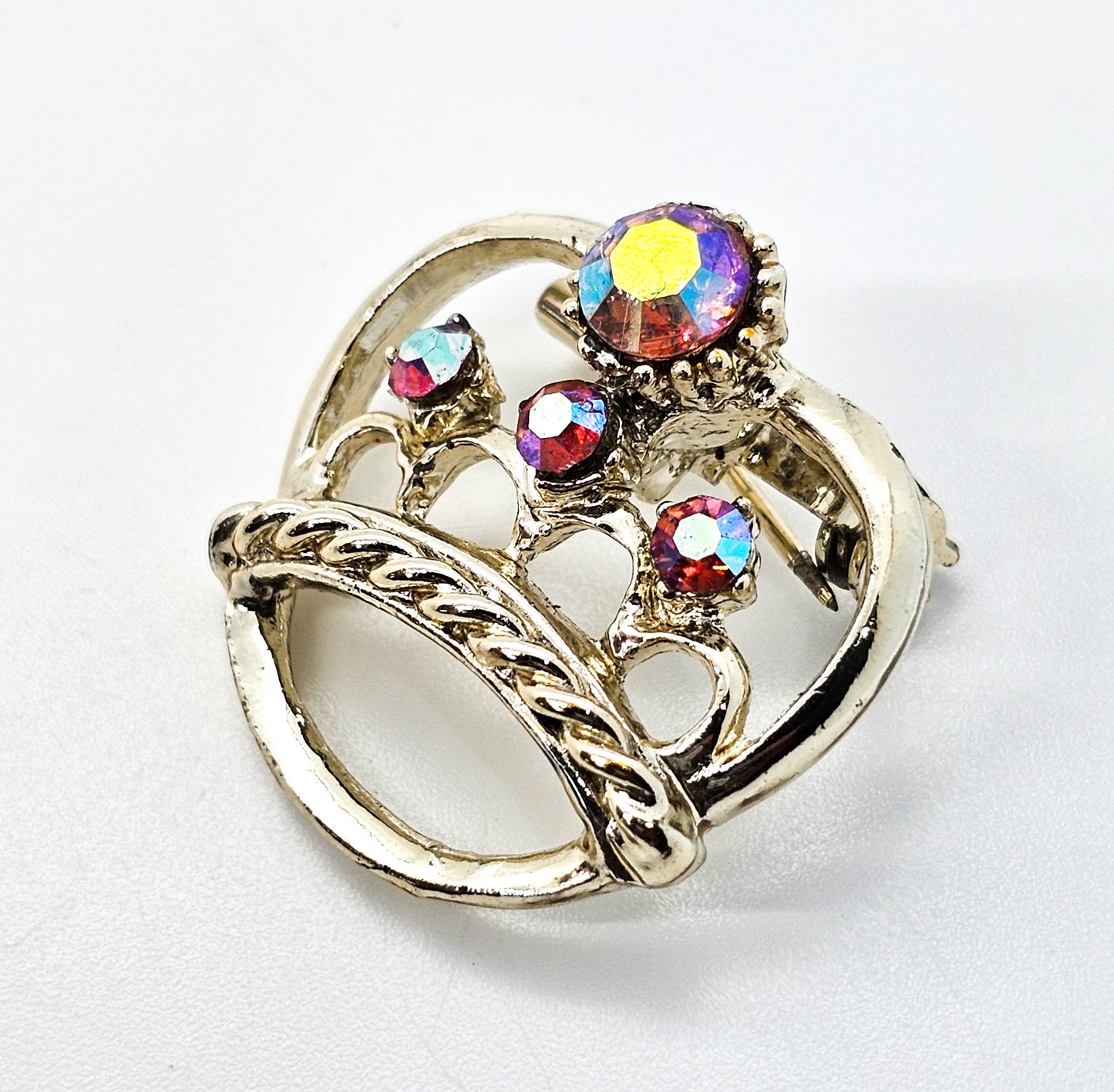 Pink Aurora Borealis gold toned vintage crown coronation brooch