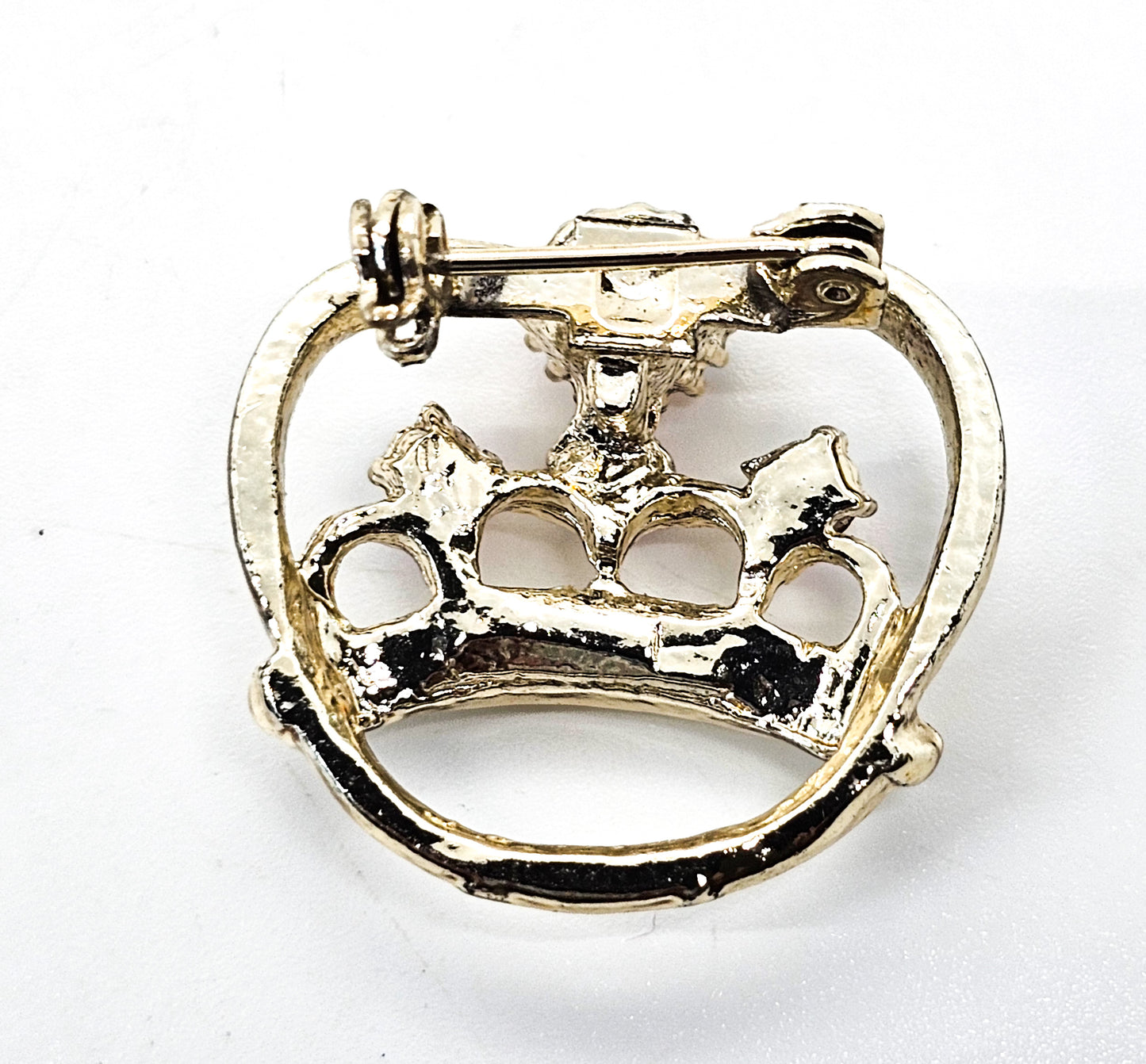 Pink Aurora Borealis gold toned vintage crown coronation brooch