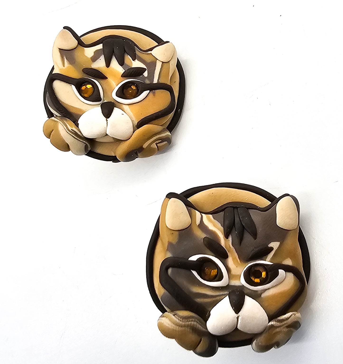 Brown tabby cat retro artisan soft clay vintage clip on kitty earrings